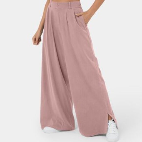 High Waisted Button Zipper Plicated Side Pocket Split Hem Wide Leg Casual Pants - Picture 2 of 2